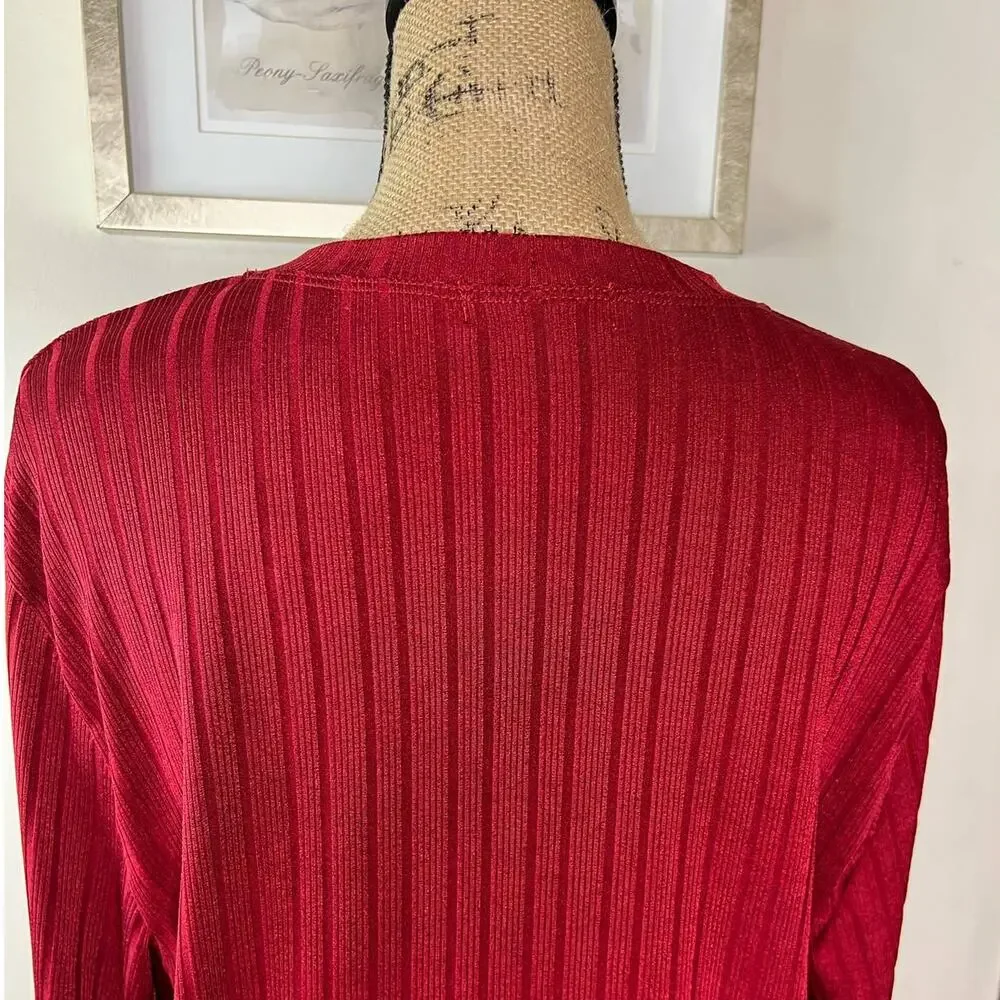 Vintage 90s Red Ribbed Knit Shirt Mens Medium Slim Fit Stretch